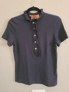 Tory Burch Navy Ruffle-Placket Polo with Gold Buttons Medium